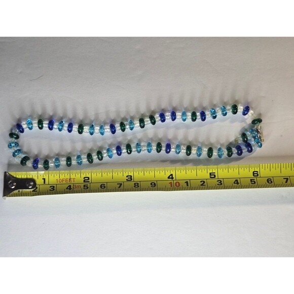 Beaded Stretch Necklace Blue Green and Clear Beads - Picture 4 of 4